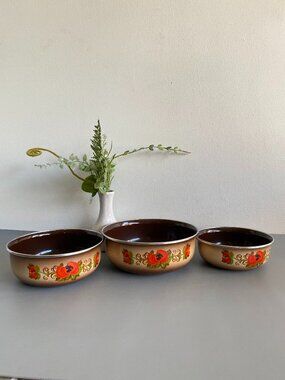 Vintage 70s Enamelware Nesting Bowls Set of 3 Brown Poppy Folk Art Floral